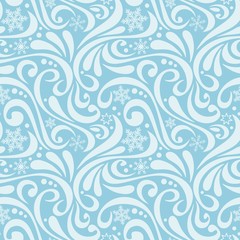 Abstract New Year pattern with white snowflakes and swirls on blue