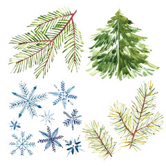 Set of watercolor snowflakes, xmas trees isolated on white. Christmas winter holiday symbol in a watercolor style . Aquarelle xmas card for background, texture, wrapper pattern, frame or border.