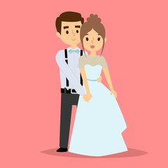 Wedding couple vector beautiful model girl in white dress and man in suit bride illustration