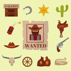 Vintage western cowboys vector signs american symbols vintage old designs cartoon icons illustration.