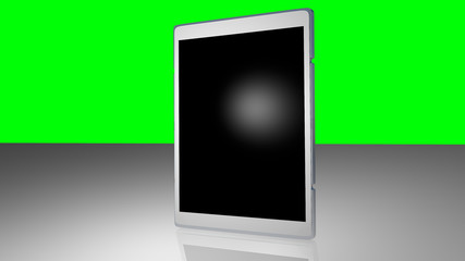 Pad, portable computer, standing on a table, with blank screen  and green background.