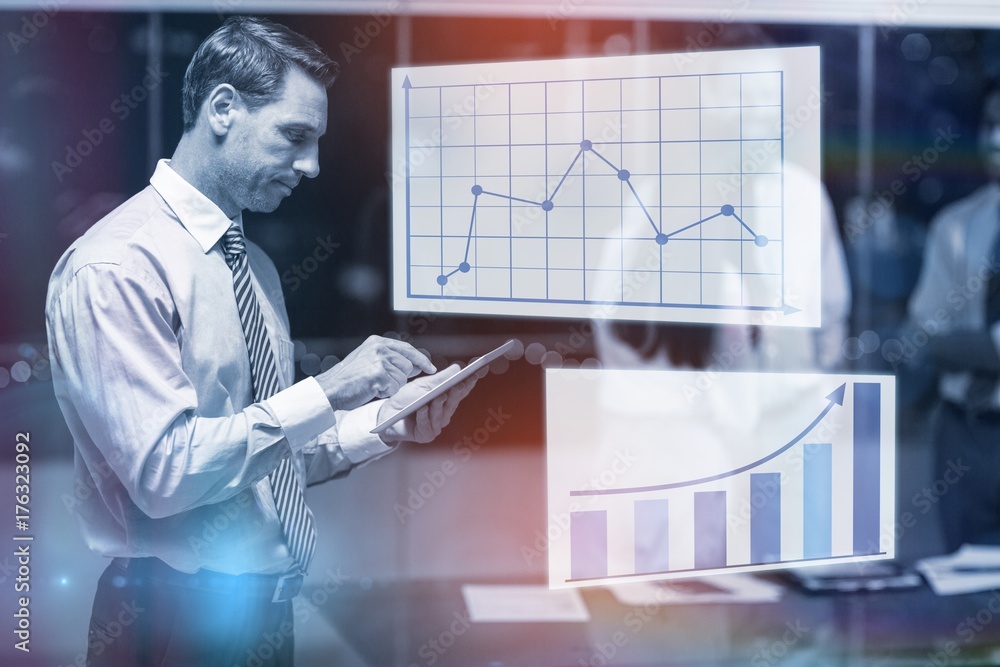 Poster composite image of man working on digital tablet against graph