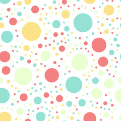 Colorful polka dots seamless pattern on white 16 background. Terrific classic colorful polka dots textile pattern. Seamless scattered confetti fall chaotic decor. Abstract vector illustration.
