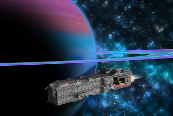 Original 3D illustration. Space fantasy scene. A spaceship is near a gas giant Jupiter like alien planet.
