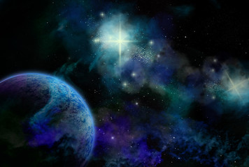 Original 2D illustration. Space fantasy scene. Alien galaxy, planets, nebula and space clouds.