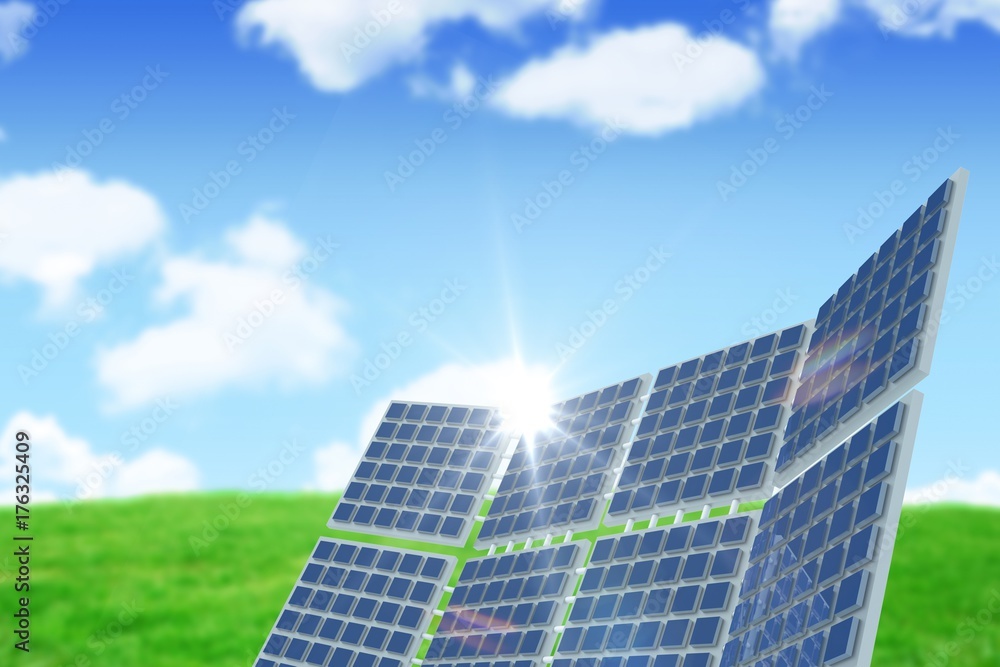 Wall mural Composite image of modern solar equipment against landscape