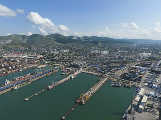 Industrial seaport, top view. Port cranes and cargo ships and ba