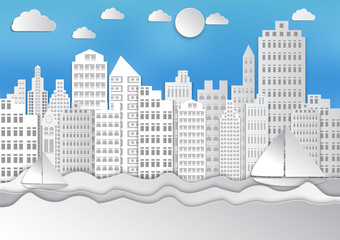 Paper art  of white city with sky and Clouds.vector illustration background