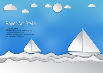 Paper art style, waves with sailboat and clouds, vector illustration