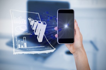 Composite image of hand holding mobile phone against white