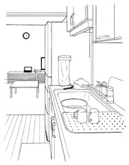 漫画風ペン画イラスト　住宅（キッチン）