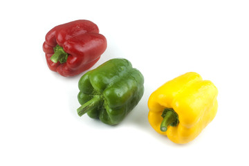 Bell pepper Red yellow and green fresh delicious on a white background.