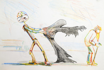 Obraz premium Superhero saves an old man from death. He dragged the old woman'