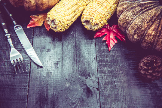 Thanksgiving on wood background and copy space 