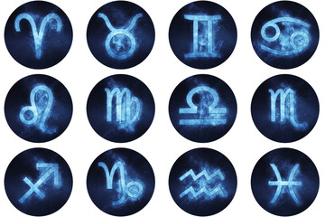 Zodiac signs buttons. Set of horoscope symbols, astrology icons collection.