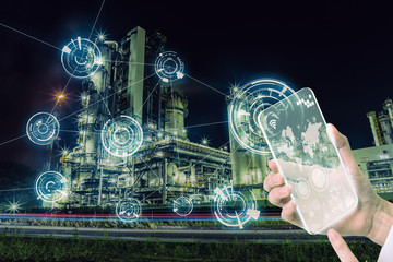 Smart factory and wireless communication network. Abstract mixed media.