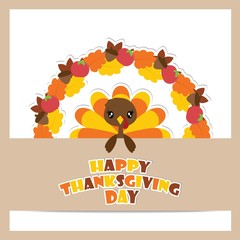 Cute turkey girl on maple leaves and apples wreath vector cartoon illustration for thanksgiving's day card design, wallpaper and greeting card 
