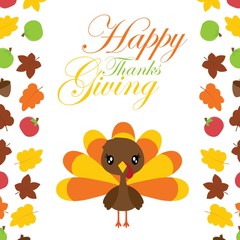 Cute turkey girl in the middle of maples leaves border vector cartoon illustration for thanksgiving's day card design, wallpaper and greeting card 