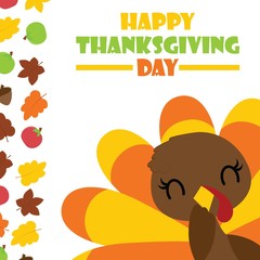 Cute turkey girl smiles and maples leaves border vector cartoon illustration for thanksgiving's day card design, wallpaper and greeting card 