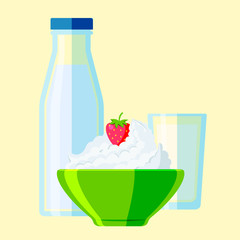 Dairy milk products organic drink bottle healthy cream milk products nutrition farm calcium breakfast vector illustration.