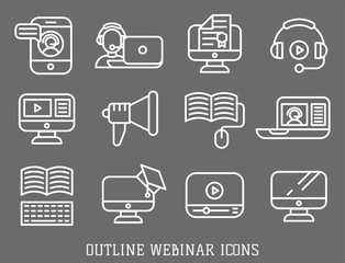 Fototapeta na wymiar Vector illustration business webinar and online education outline internet trainings icons.