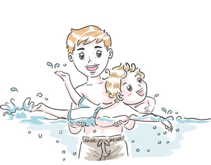 Kid Boy Dad Teach Swim Illustration