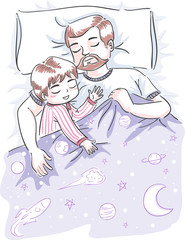 Kid Boy Dad Sleep Illustration