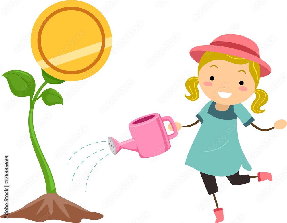 Sticker Stickman Kid Girl Water Gold Coin Plant Illustration