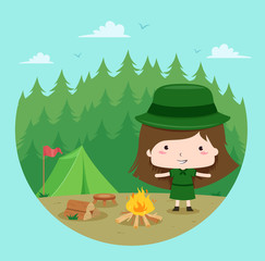 Kid Girl Scout Forest Camping Illustration