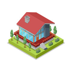 House landscape design isometric 3D icon. Construction stages of countryside house, low poly model of rural real estate building vector illustration.