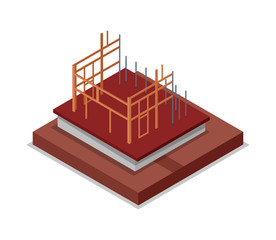 Construction structure of walls isometric 3D icon. Construction stages of countryside house, low poly model of rural real estate building vector illustration.