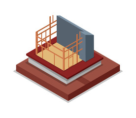 Construction structure of house isometric 3D icon. Construction stages of countryside house, low poly model of rural real estate building vector illustration.