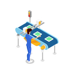 Young boy near isometric 3D production line. Industrial goods production, mechanical conveyor with workers manufacturing process, assembly line vector illustration.