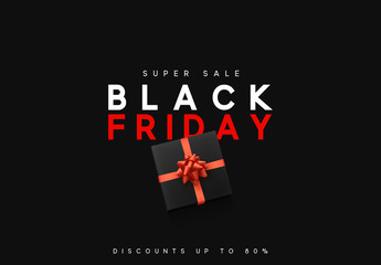 Black Friday sale, banner, poster advert. Card offert promotion design. Background lights bokeh and black gift box with red bow.