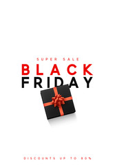 Black Friday sale, banner, poster advert. Card offert promotion design. Background gift box with red bow.