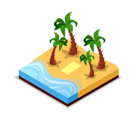 Sandy beach with palm trees isometric 3D icon. Public park decorative plant vector illustration. Nature map element for summer parkland landscape design.