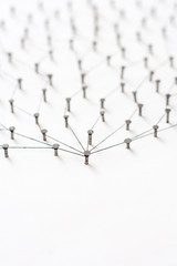nails in white paper simulation network. linked together by black cotton