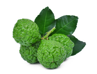 whole of fresh bergamot with green leaves isolated on white background