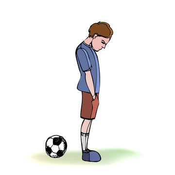 Child, boy, teen, teenager standing frustrated, football, soccer ball. Vector outlined illustration. Colored image, white background.