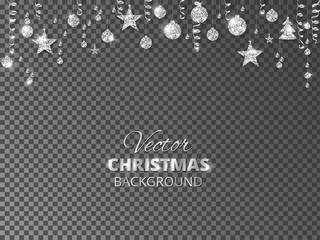 Sparkling Christmas glitter ornaments. Silver fiesta border. Festive garland with hanging balls and ribbons isolated on transparent background.
