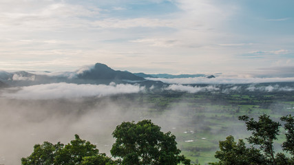 Beautiful scenic view  of misty in the morning wirh the mountain and the forest  at sunrise time in Loei province,Thailand.