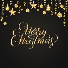 Merry Christmas hand written lettering. Golden glitter border, garland with hanging balls and ribbons.
