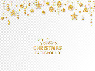 Fototapeta na wymiar Sparkling Christmas glitter ornaments. Golden fiesta border. Festive garland with hanging balls and ribbons isolated on transparent background.