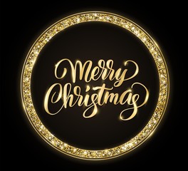 Gold and black Merry Christmas card with hand drawn lettering and glitter frame. Festive sparkling background, vector dust