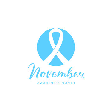 Prostate Cancer Awareness Month Symbol. Light Blue Logo with Ribbon in Circle and Calligraphic Text. Vector Illustration with Lettering.
