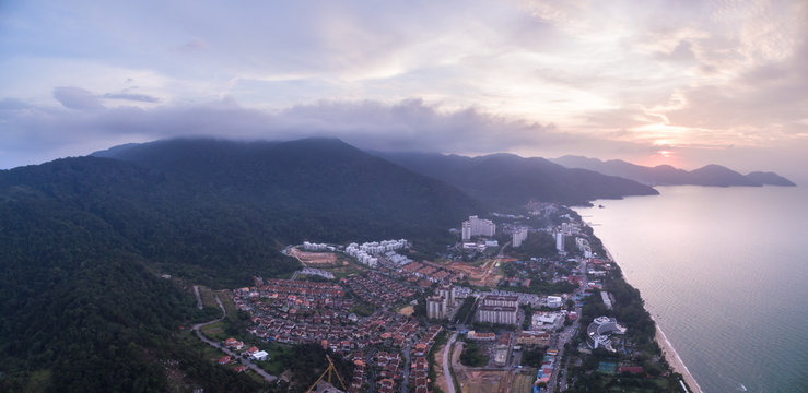 High Aerial Panorama Shot Over Hills And Coastline At Batu Ferringhi, Penang, Malaysia,