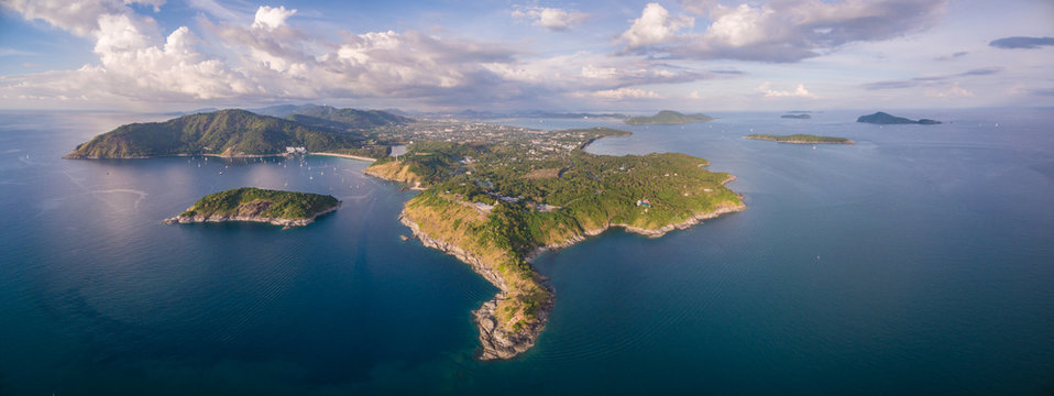 High Aerial Drone Panorama Over Promthep Cape, Nai Harn And Rawai In Phuket, Thailand