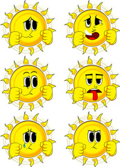 Cartoon boxer sun ready to fight. Collection with sad faces. Expressions vector set.