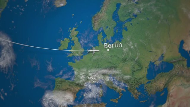 Route of commercial airplane flying from New York to Berlin on the Earth globe. International trip intro animation