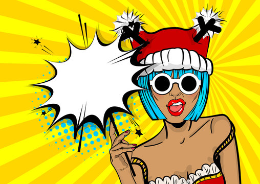 Marry Christmas young beautiful pop art woman pompom deer hat. Vector illustration popart wow face. Dare girl in red dress hold hand bengal fire, sparkler empty comic text speech bubble, balloon box. 